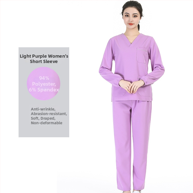 Unisex medicīnas scrubs komplekts – īsas piedurknes, V kakls, mitrumu vadīšana, poliestera-elastāna audums, tops un bikses