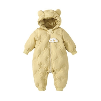 Детски пухен гащеризон с качулка, пълнеж бял патицов пух, кашмир 50–55%, полиестерна материя, пролет 2024.