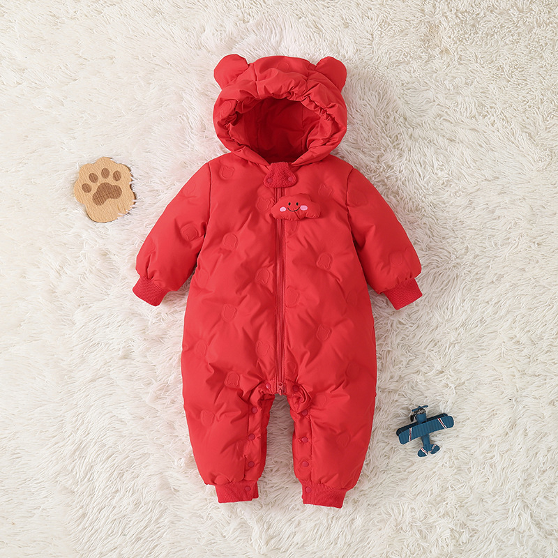 Детски пухен гащеризон с качулка, пълнеж бял патицов пух, кашмир 50–55%, полиестерна материя, пролет 2024.