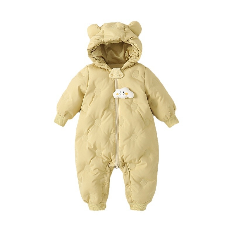 Детски пухен гащеризон с качулка, пълнеж бял патицов пух, кашмир 50–55%, полиестерна материя, пролет 2024.