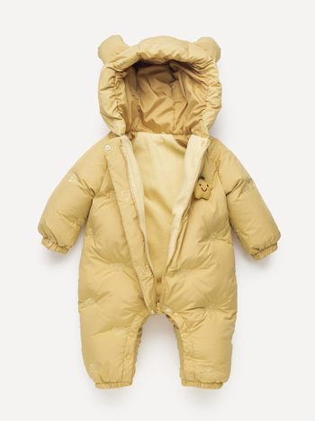 Bērnu ziemas pūkainais kombinezons – viengabala, bieza, rāvējslēdzējs, garas piedurknes, 50–55% baltā pīļu pūka