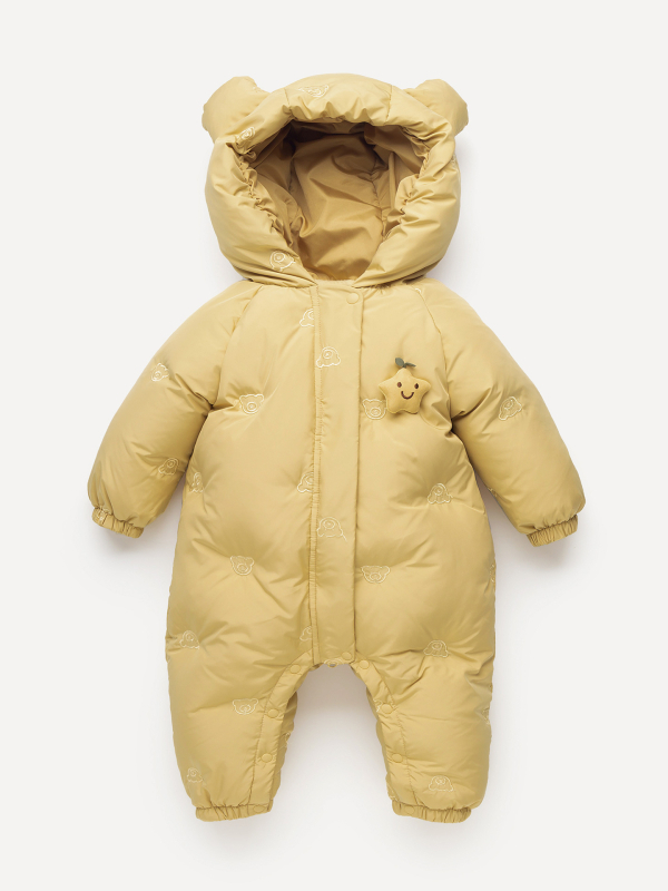 Bērnu ziemas pūkainais kombinezons – viengabala, bieza, rāvējslēdzējs, garas piedurknes, 50–55% baltā pīļu pūka