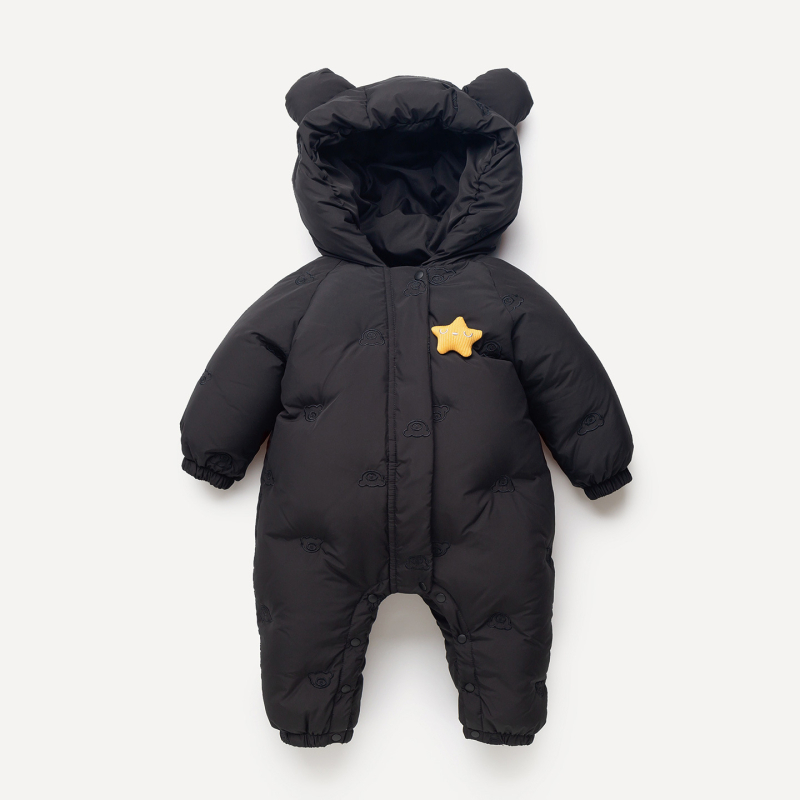 Bērnu ziemas pūkainais kombinezons – viengabala, bieza, rāvējslēdzējs, garas piedurknes, 50–55% baltā pīļu pūka