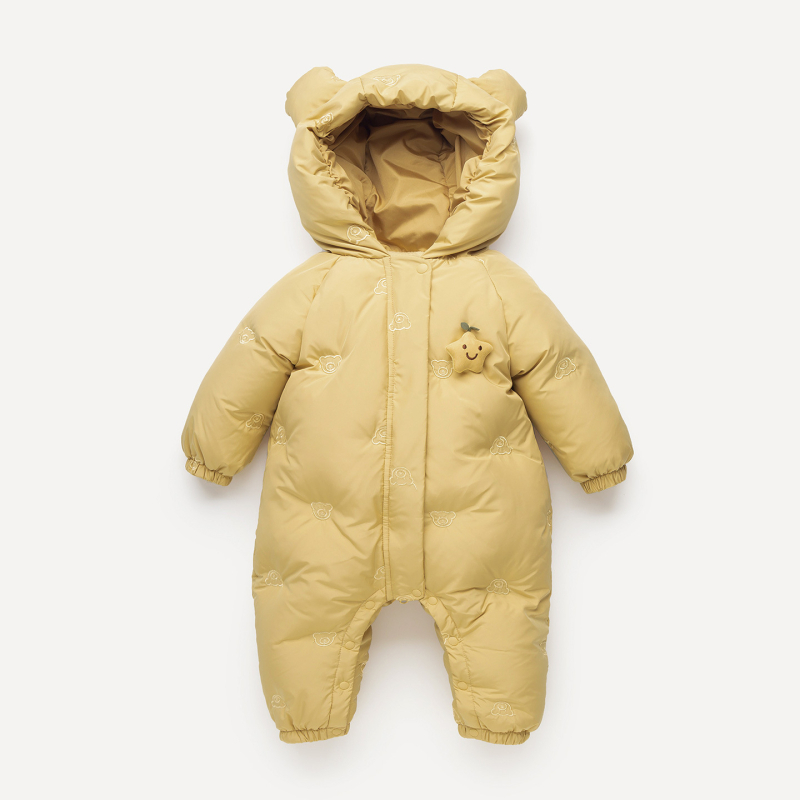 Bērnu ziemas pūkainais kombinezons – viengabala, bieza, rāvējslēdzējs, garas piedurknes, 50–55% baltā pīļu pūka