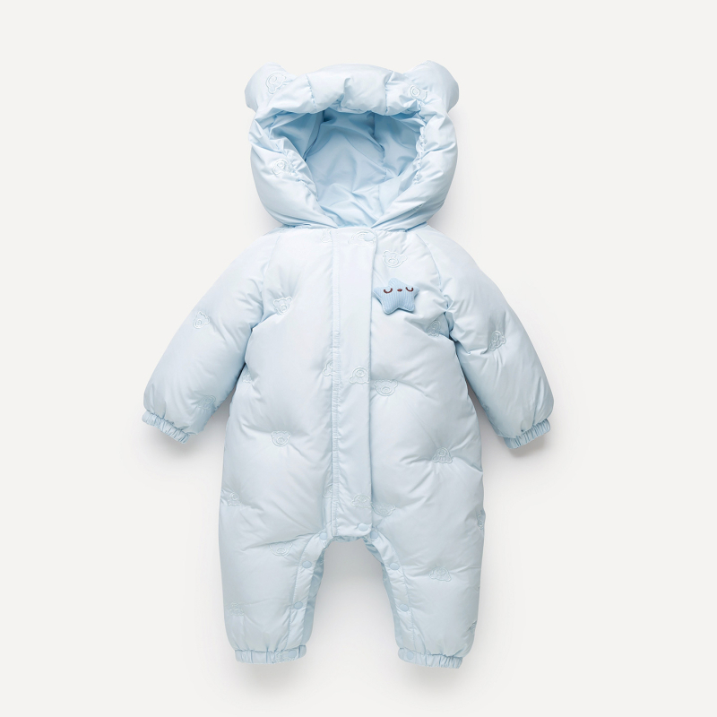 Bērnu ziemas pūkainais kombinezons – viengabala, bieza, rāvējslēdzējs, garas piedurknes, 50–55% baltā pīļu pūka