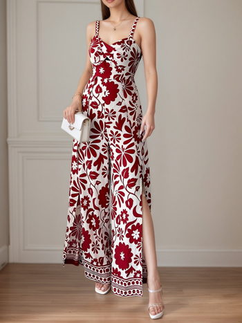 Kombineze ar siksnām, ziedu raksts, bez piedurknēm, elastīgs jostasvieta, brīvas bikses, poliesteris