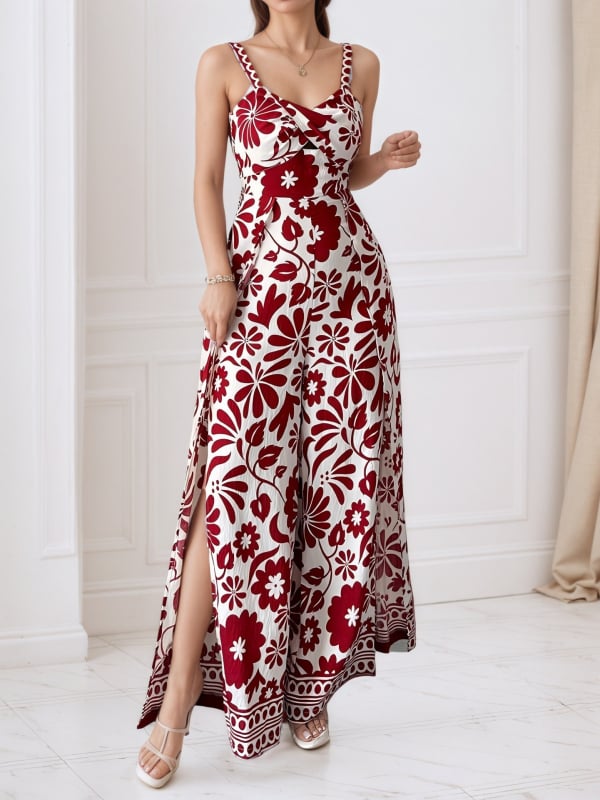 Kombineze ar siksnām, ziedu raksts, bez piedurknēm, elastīgs jostasvieta, brīvas bikses, poliesteris