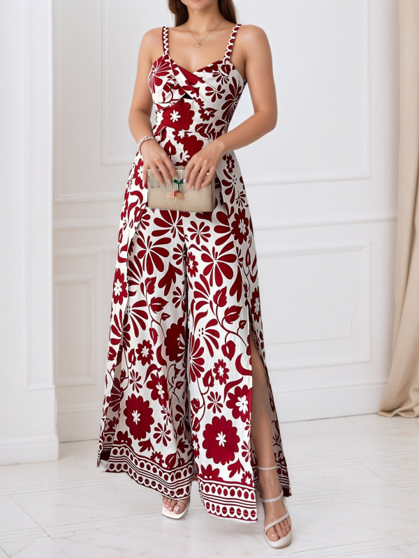 Kombineze ar siksnām, ziedu raksts, bez piedurknēm, elastīgs jostasvieta, brīvas bikses, poliesteris