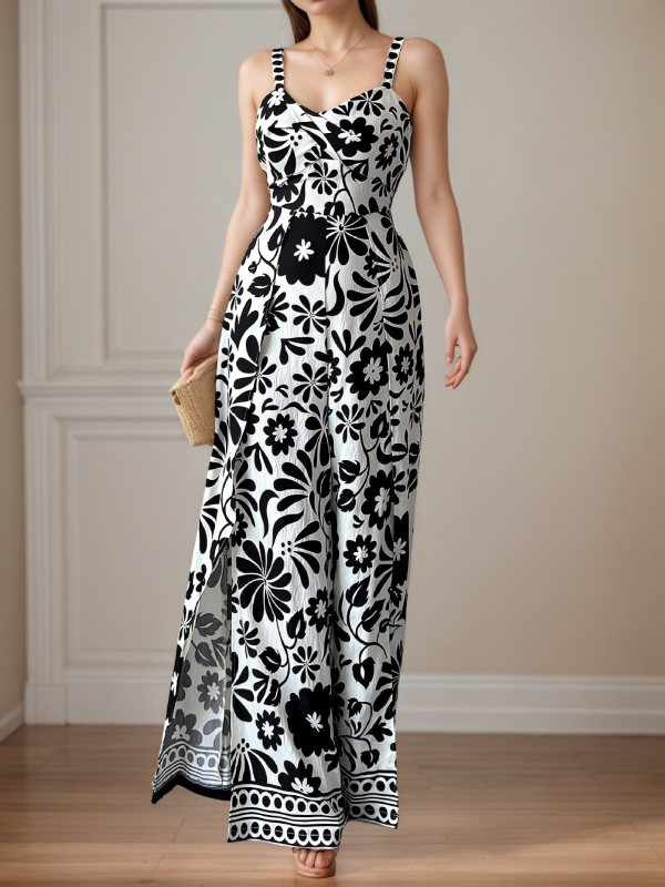 Kombineze ar siksnām, ziedu raksts, bez piedurknēm, elastīgs jostasvieta, brīvas bikses, poliesteris