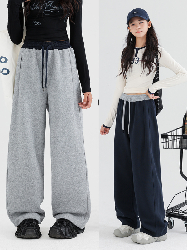 Koreai stílusú gyerek sportnadrág, magas derék, hosszú, 75% pamut, egyszínű minta