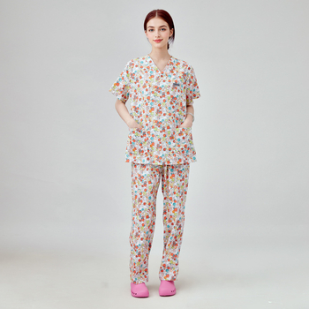 Unisex medicīnas apģērbu komplekts: top ar īsām piedurknēm un bikses, Chenille poliesters, mitruma vadīšana, uzvalka tipa apkakle, divu gabalu komplekts, vidējā garuma 65–80 cm