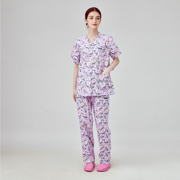 Unisex medicīnas apģērbu komplekts: top ar īsām piedurknēm un bikses, Chenille poliesters, mitruma vadīšana, uzvalka tipa apkakle, divu gabalu komplekts, vidējā garuma 65–80 cm