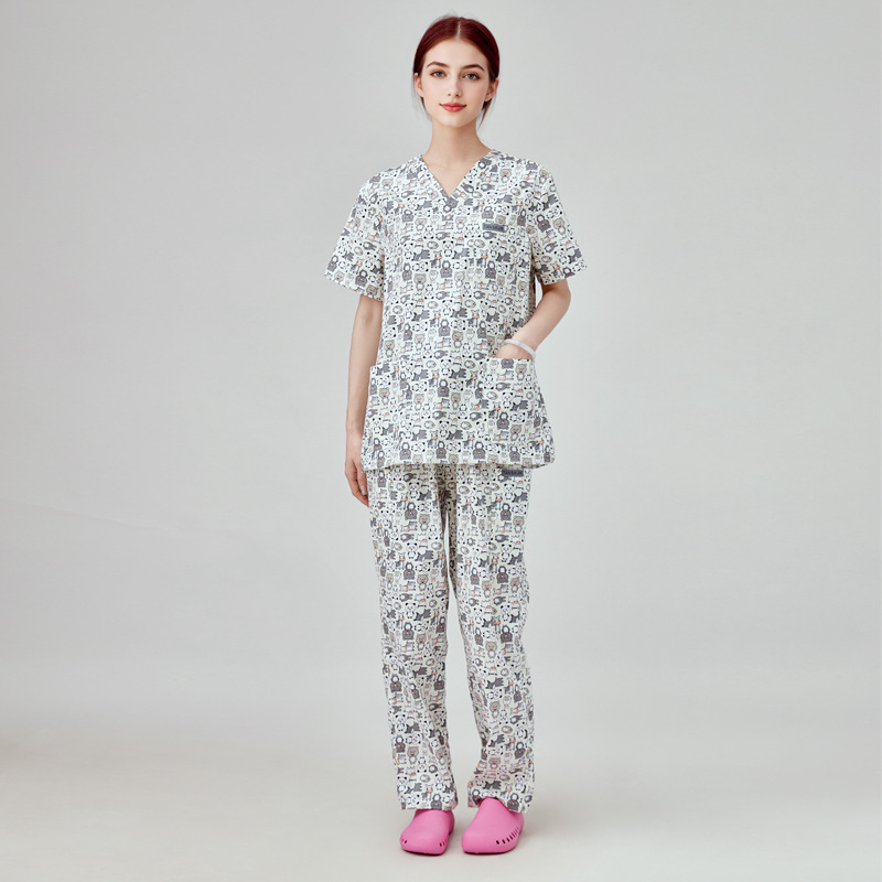 Unisex medicīnas apģērbu komplekts: top ar īsām piedurknēm un bikses, Chenille poliesters, mitruma vadīšana, uzvalka tipa apkakle, divu gabalu komplekts, vidējā garuma 65–80 cm