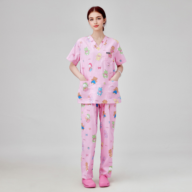 Unisex medicīnas apģērbu komplekts: top ar īsām piedurknēm un bikses, Chenille poliesters, mitruma vadīšana, uzvalka tipa apkakle, divu gabalu komplekts, vidējā garuma 65–80 cm