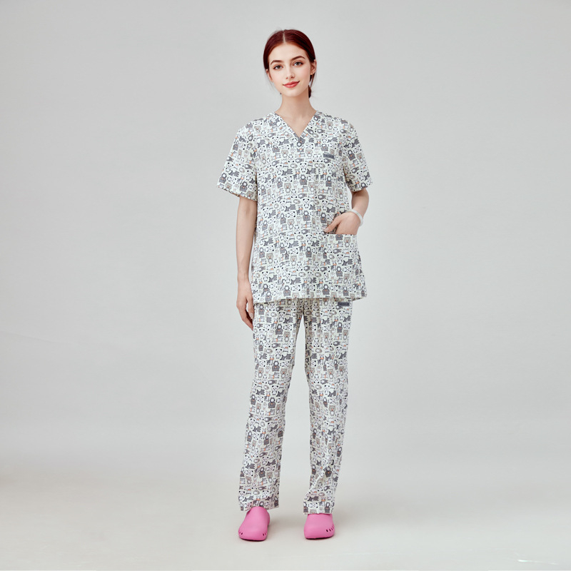 Unisex medicīnas apģērbu komplekts: top ar īsām piedurknēm un bikses, Chenille poliesters, mitruma vadīšana, uzvalka tipa apkakle, divu gabalu komplekts, vidējā garuma 65–80 cm