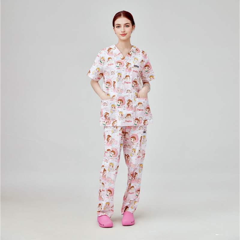 Unisex medicīnas apģērbu komplekts: top ar īsām piedurknēm un bikses, Chenille poliesters, mitruma vadīšana, uzvalka tipa apkakle, divu gabalu komplekts, vidējā garuma 65–80 cm