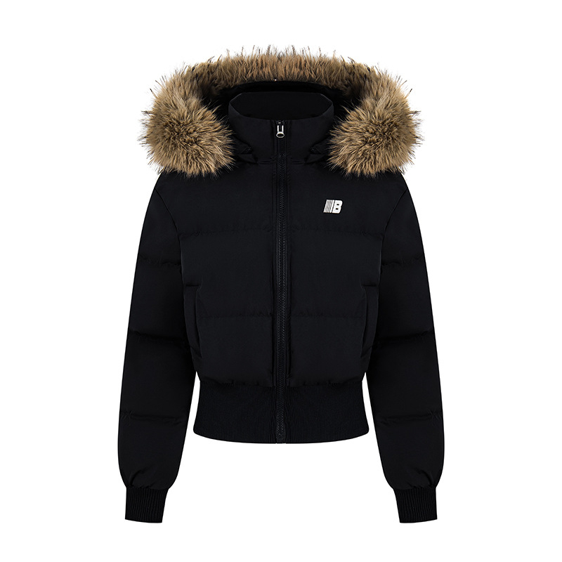 Pamut kabát prémes gallérral és kapucnival, derékban szűkített szabás, középhosszú, vastag poliészter anyag, cipzáros záródás