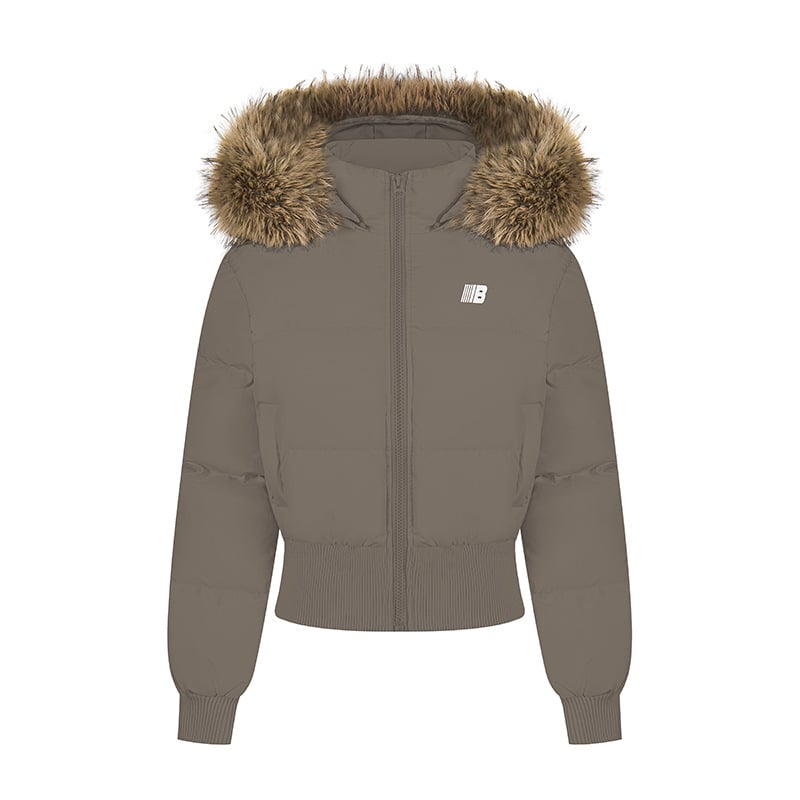 Pamut kabát prémes gallérral és kapucnival, derékban szűkített szabás, középhosszú, vastag poliészter anyag, cipzáros záródás