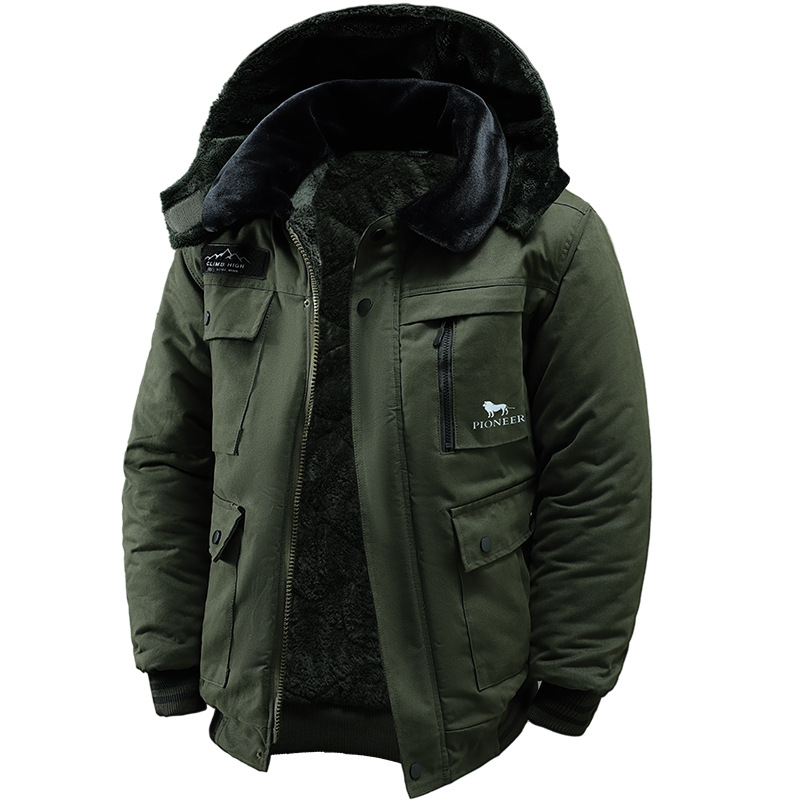 Ανδρικό βαμβακερό μπουφάν με γούνινη επένδυση, κουκούλα, παχιά μόνωση, φερμουάρ