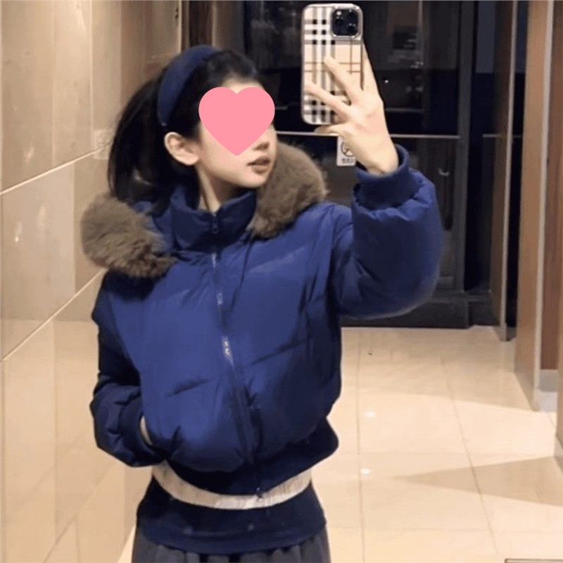 Ženska kratka pamučna jakna s kapuljom i velikim krznenim ovratnikom, uski kroj, korejski stil, topla i udobna.