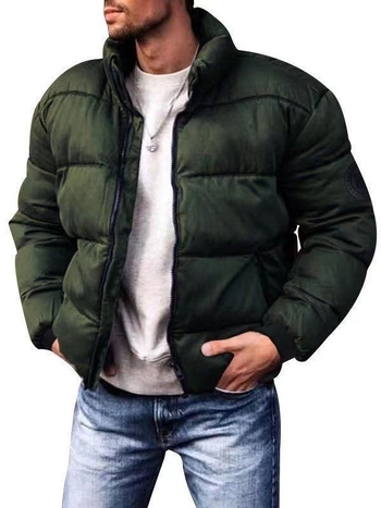 Muška puffer jakna od pamuka, stojeći ovratnik, zatvarač, opuštena kroj, poliester punjenje