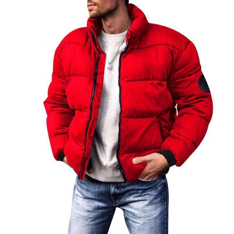 Muška puffer jakna od pamuka, stojeći ovratnik, zatvarač, opuštena kroj, poliester punjenje