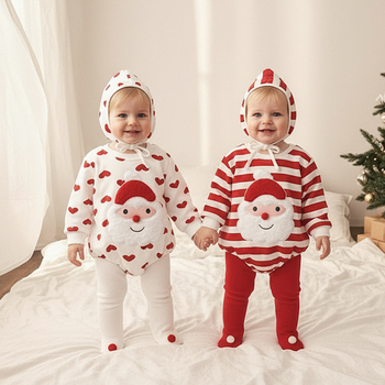 Božićni romper za bebe – pamuk, dugi rukavi, odvojiva kapuljača, debeli materijal, pulover stil