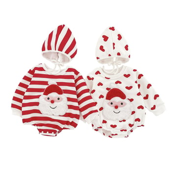 Božićni romper za bebe – pamuk, dugi rukavi, odvojiva kapuljača, debeli materijal, pulover stil