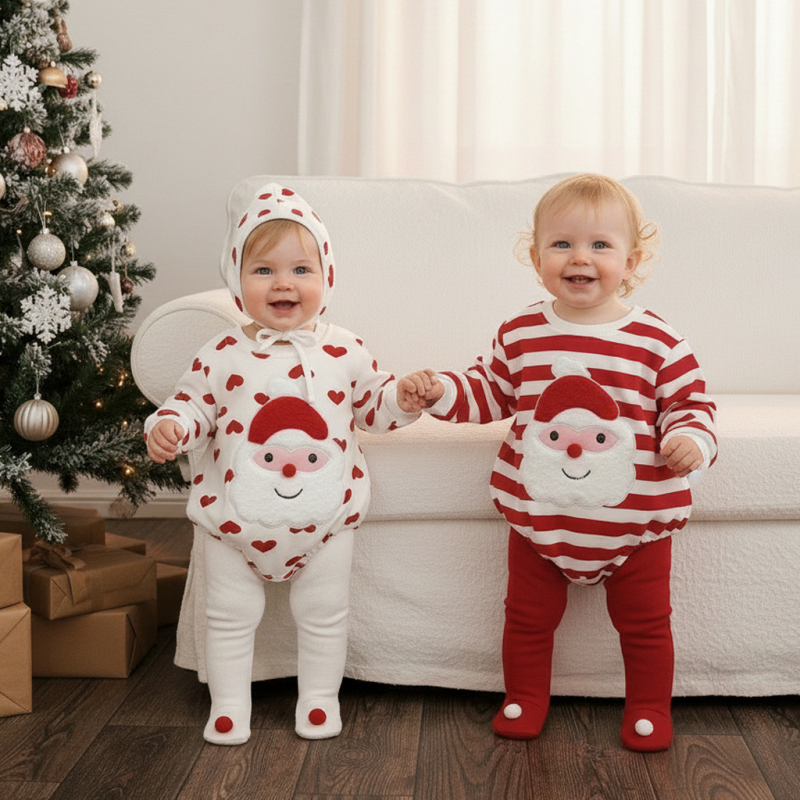 Božićni romper za bebe – pamuk, dugi rukavi, odvojiva kapuljača, debeli materijal, pulover stil
