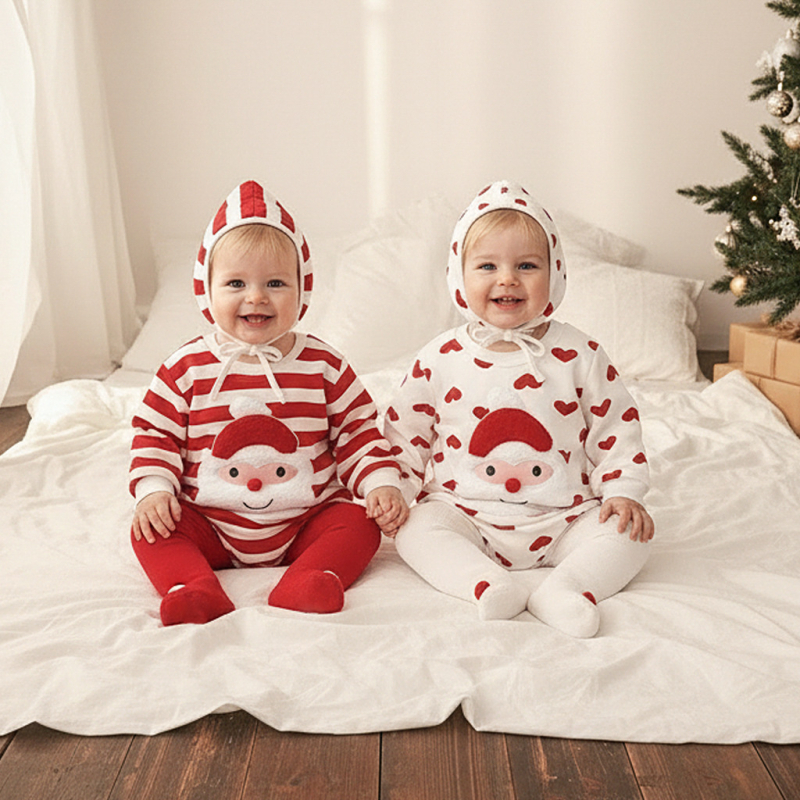 Božićni romper za bebe – pamuk, dugi rukavi, odvojiva kapuljača, debeli materijal, pulover stil