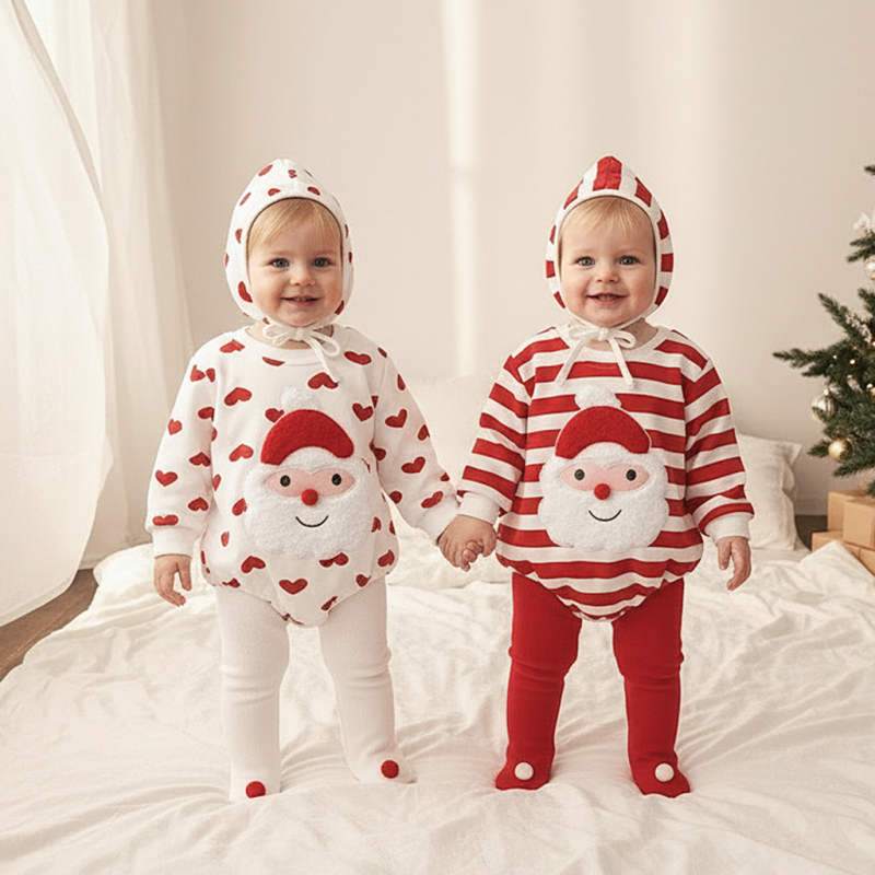 Božićni romper za bebe – pamuk, dugi rukavi, odvojiva kapuljača, debeli materijal, pulover stil