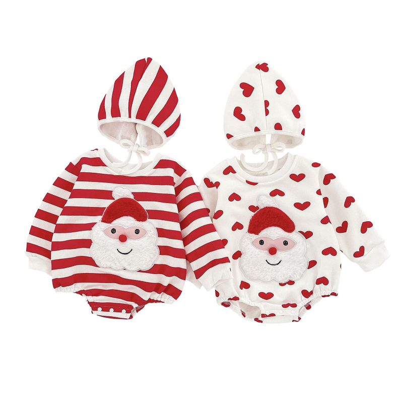 Božićni romper za bebe – pamuk, dugi rukavi, odvojiva kapuljača, debeli materijal, pulover stil