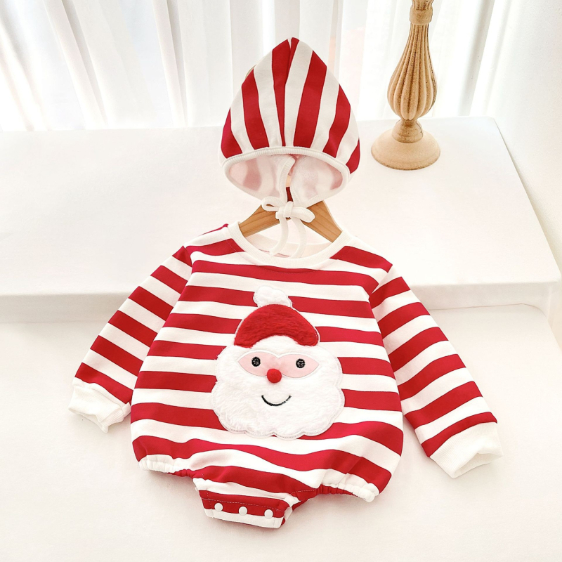 Božićni romper za bebe – pamuk, dugi rukavi, odvojiva kapuljača, debeli materijal, pulover stil
