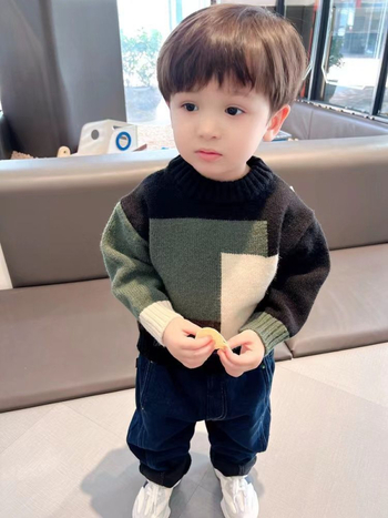 Pulover tricotat pentru băieți, stil coreean, mâneci lungi, tricot gros, model cromatic asortat
