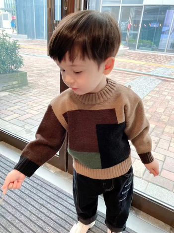 Pulover tricotat pentru băieți, stil coreean, mâneci lungi, tricot gros, model cromatic asortat