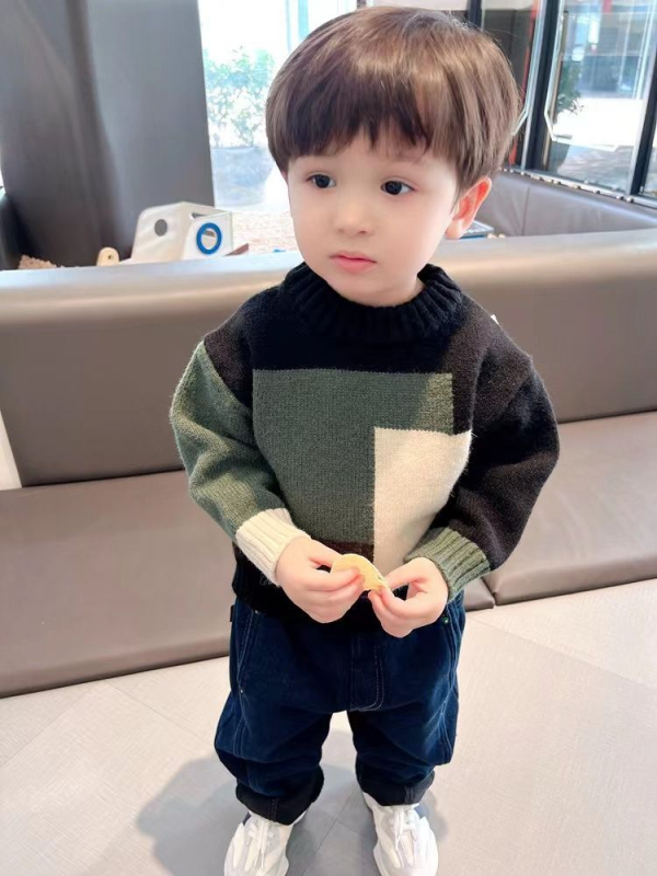 Pulover tricotat pentru băieți, stil coreean, mâneci lungi, tricot gros, model cromatic asortat