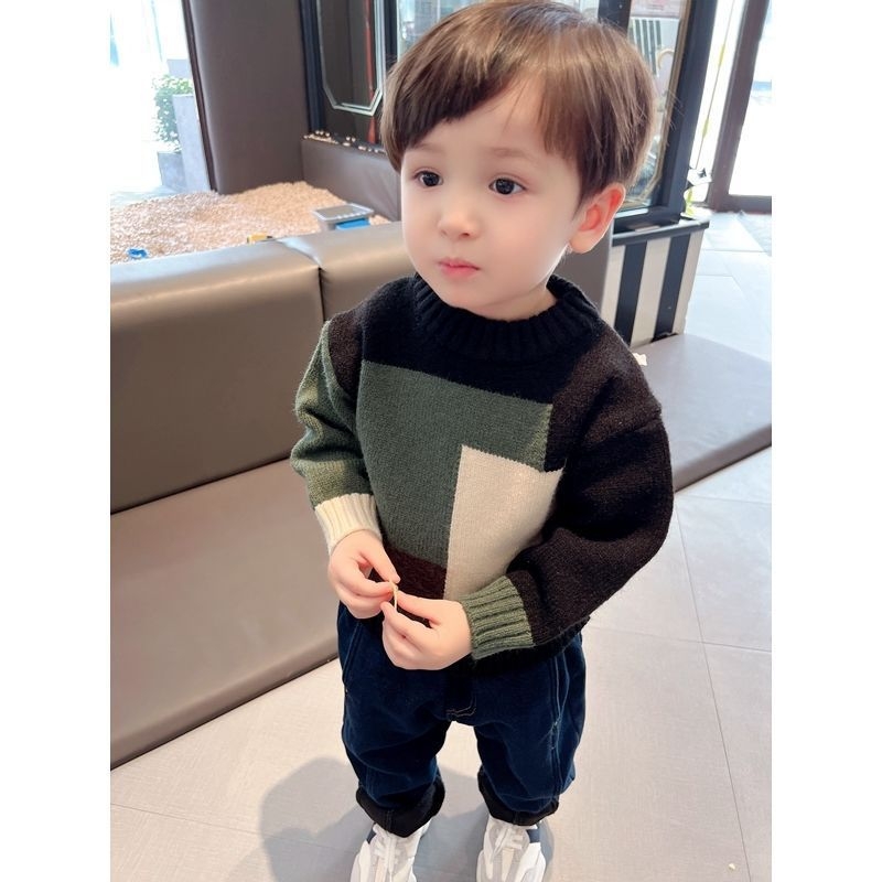 Pulover tricotat pentru băieți, stil coreean, mâneci lungi, tricot gros, model cromatic asortat
