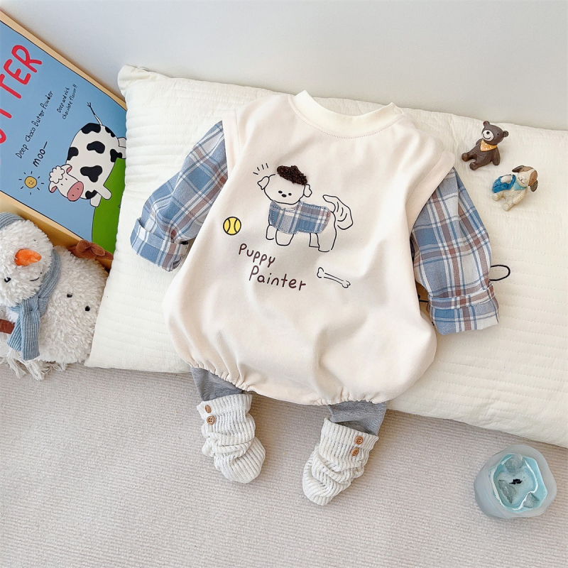 Rompers za bebe s lažnim dvodijelnim dizajnom, karirani uzorak, dugi rukavi, za dob 0-12 mjeseci