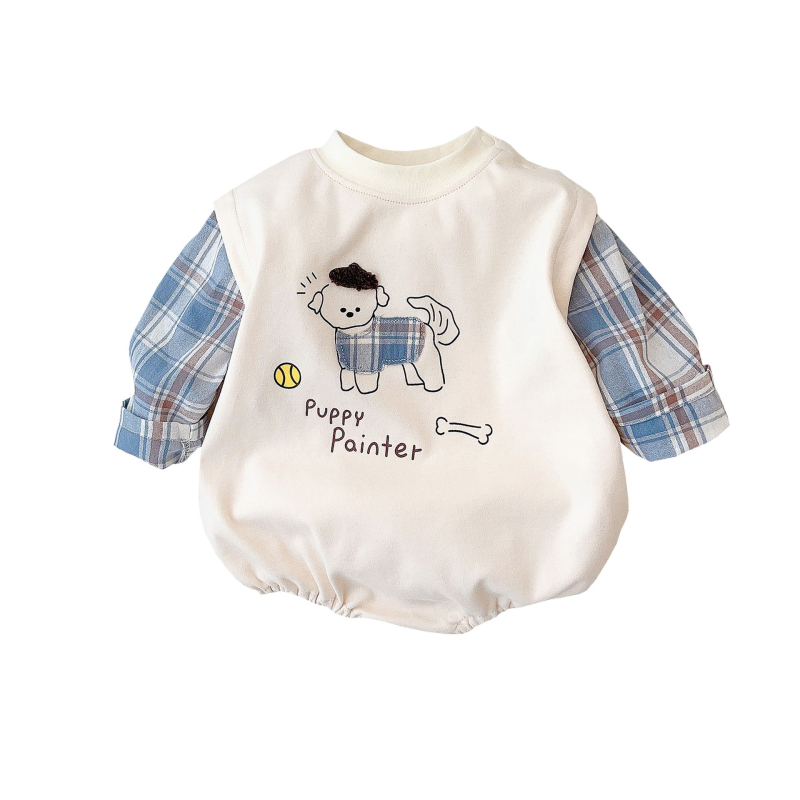 Rompers za bebe s lažnim dvodijelnim dizajnom, karirani uzorak, dugi rukavi, za dob 0-12 mjeseci