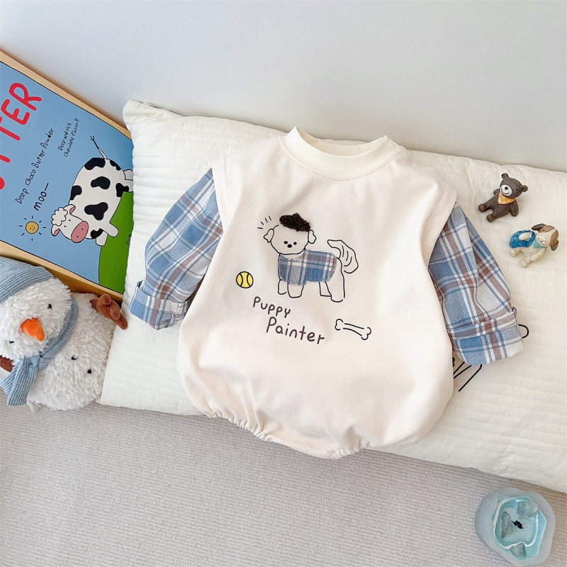 Rompers za bebe s lažnim dvodijelnim dizajnom, karirani uzorak, dugi rukavi, za dob 0-12 mjeseci