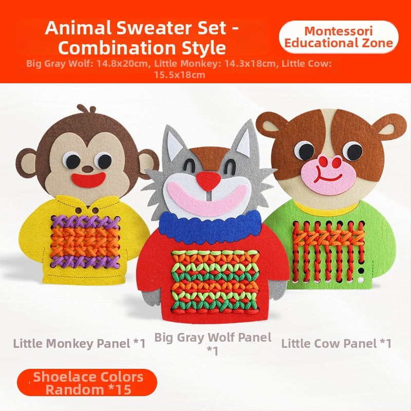 Montessori niidist ühendamise laud loomakujutistega, neotud materjal, 3–6-aastastele lastele