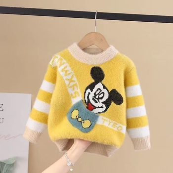 Dječji pleteni pulover za jesen-zimu, s fleece podstavom, Mink velvet tkanina, ovratnik lapel, dugi rukavi, jednobojni uzorak s karikaturom, za uzrast 3–8 godina
