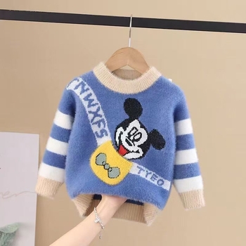 Dječji pleteni pulover za jesen-zimu, s fleece podstavom, Mink velvet tkanina, ovratnik lapel, dugi rukavi, jednobojni uzorak s karikaturom, za uzrast 3–8 godina
