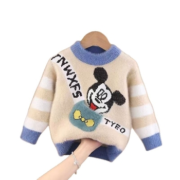 Dječji pleteni pulover za jesen-zimu, s fleece podstavom, Mink velvet tkanina, ovratnik lapel, dugi rukavi, jednobojni uzorak s karikaturom, za uzrast 3–8 godina