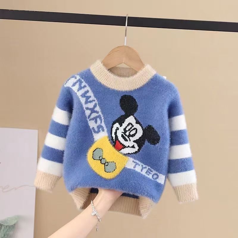 Dječji pleteni pulover za jesen-zimu, s fleece podstavom, Mink velvet tkanina, ovratnik lapel, dugi rukavi, jednobojni uzorak s karikaturom, za uzrast 3–8 godina