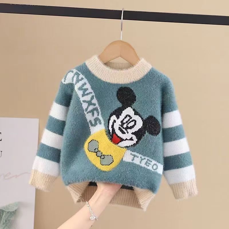 Dječji pleteni pulover za jesen-zimu, s fleece podstavom, Mink velvet tkanina, ovratnik lapel, dugi rukavi, jednobojni uzorak s karikaturom, za uzrast 3–8 godina
