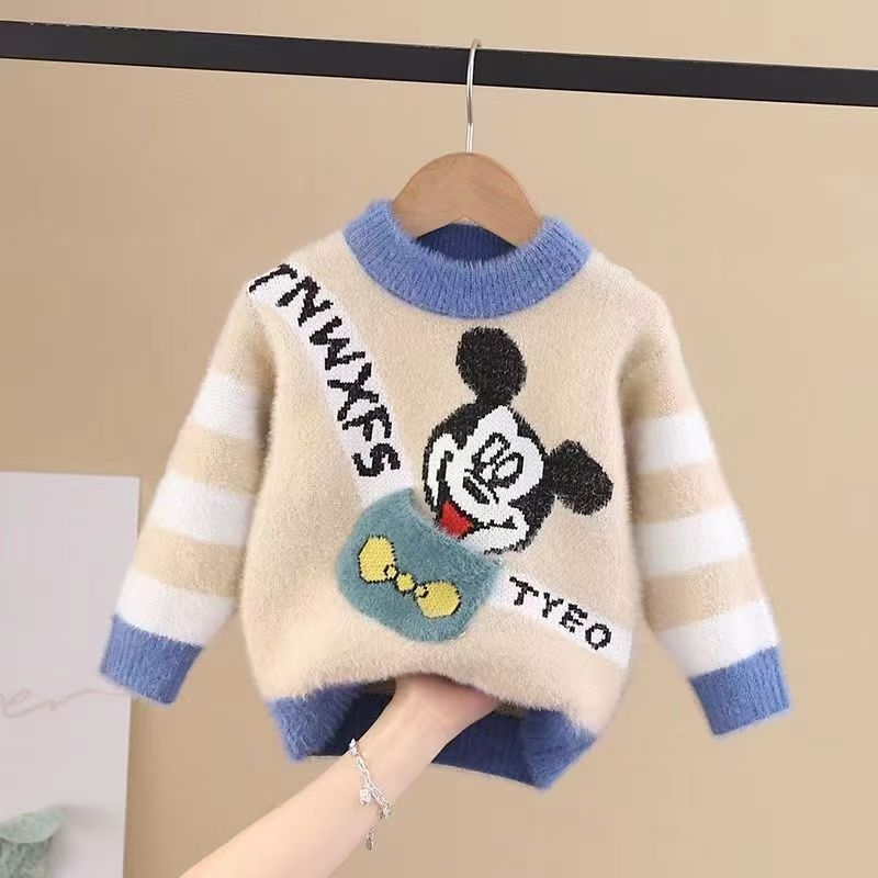 Dječji pleteni pulover za jesen-zimu, s fleece podstavom, Mink velvet tkanina, ovratnik lapel, dugi rukavi, jednobojni uzorak s karikaturom, za uzrast 3–8 godina