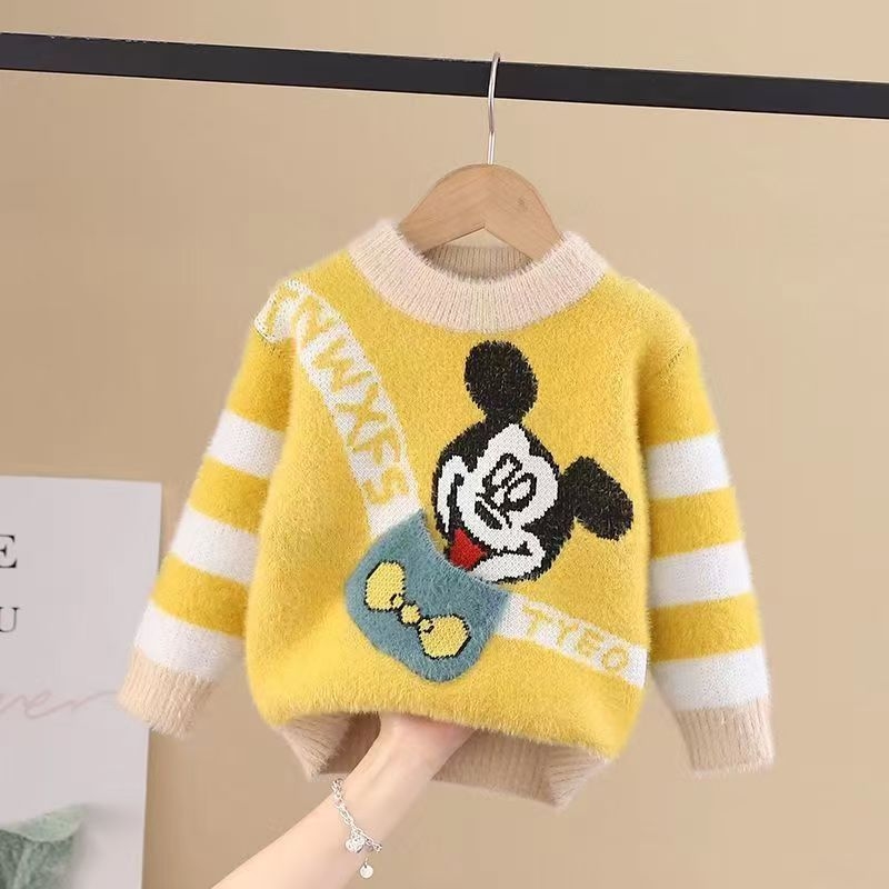 Dječji pleteni pulover za jesen-zimu, s fleece podstavom, Mink velvet tkanina, ovratnik lapel, dugi rukavi, jednobojni uzorak s karikaturom, za uzrast 3–8 godina
