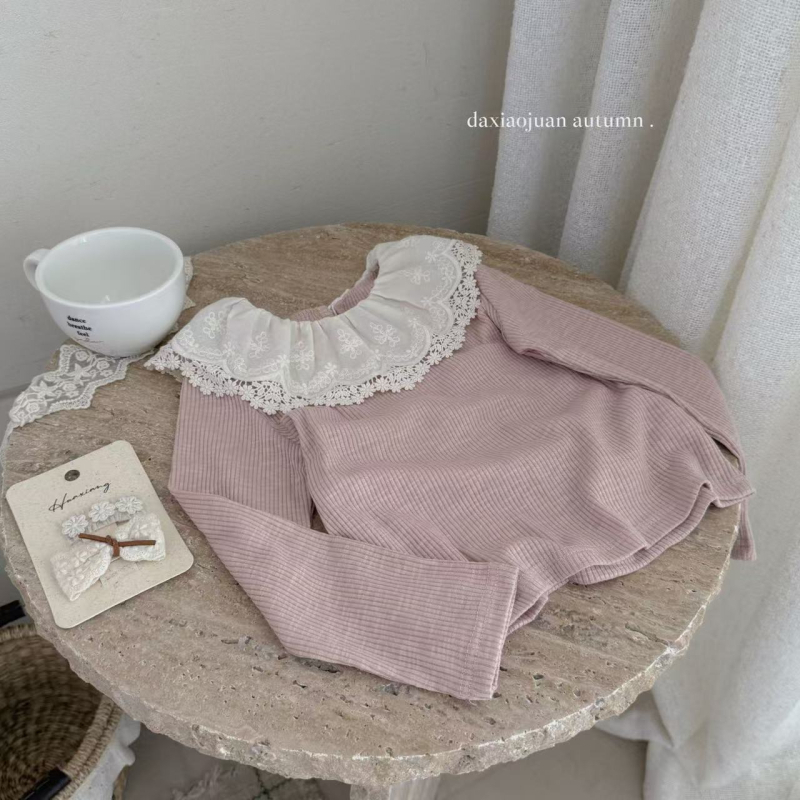Dječji pleteni babydoll pulover s čipkastim ovratnikom, dugi rukavi, jednobojni uzorak, pamuk, jesensko 2025 izlazi, za djecu 3–8 godina