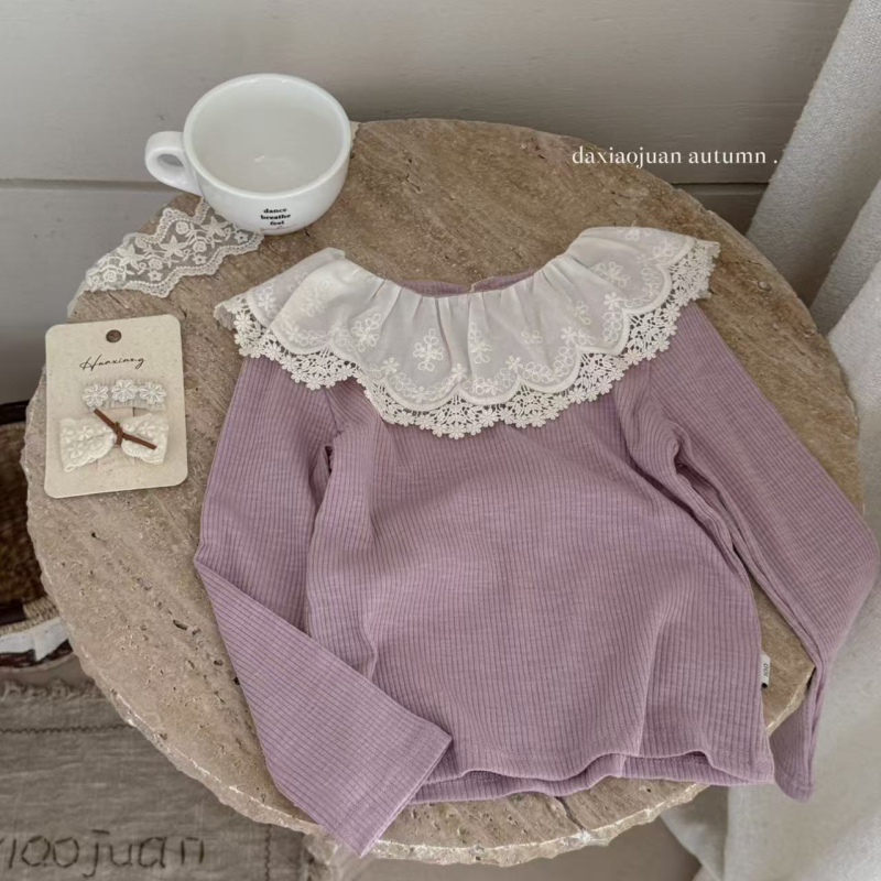 Dječji pleteni babydoll pulover s čipkastim ovratnikom, dugi rukavi, jednobojni uzorak, pamuk, jesensko 2025 izlazi, za djecu 3–8 godina